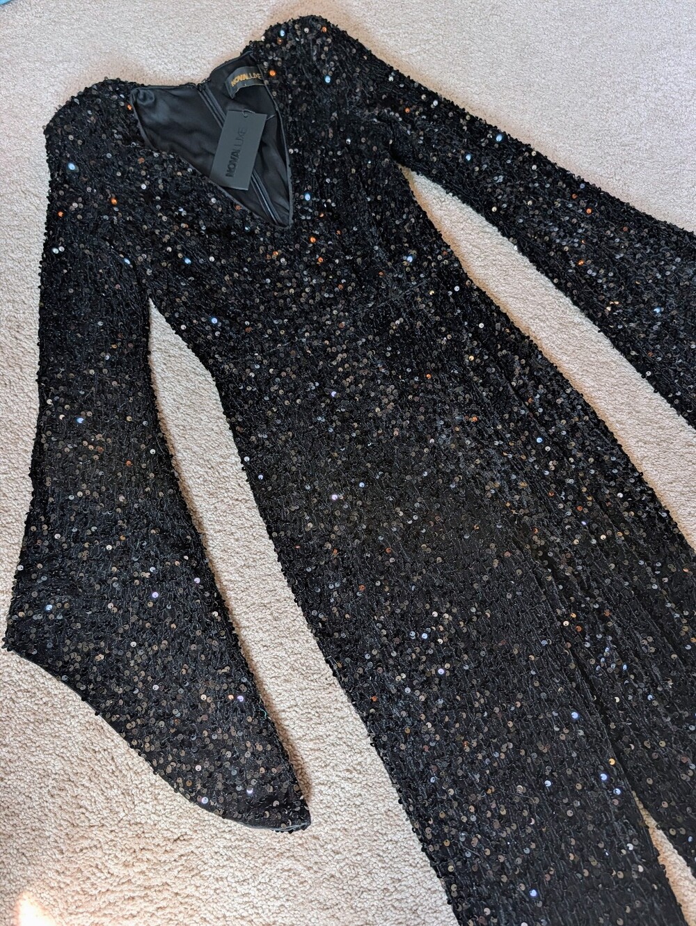 Black Sequin Long-Sleeve V-Neck Pantsuit with Bell Sleeves